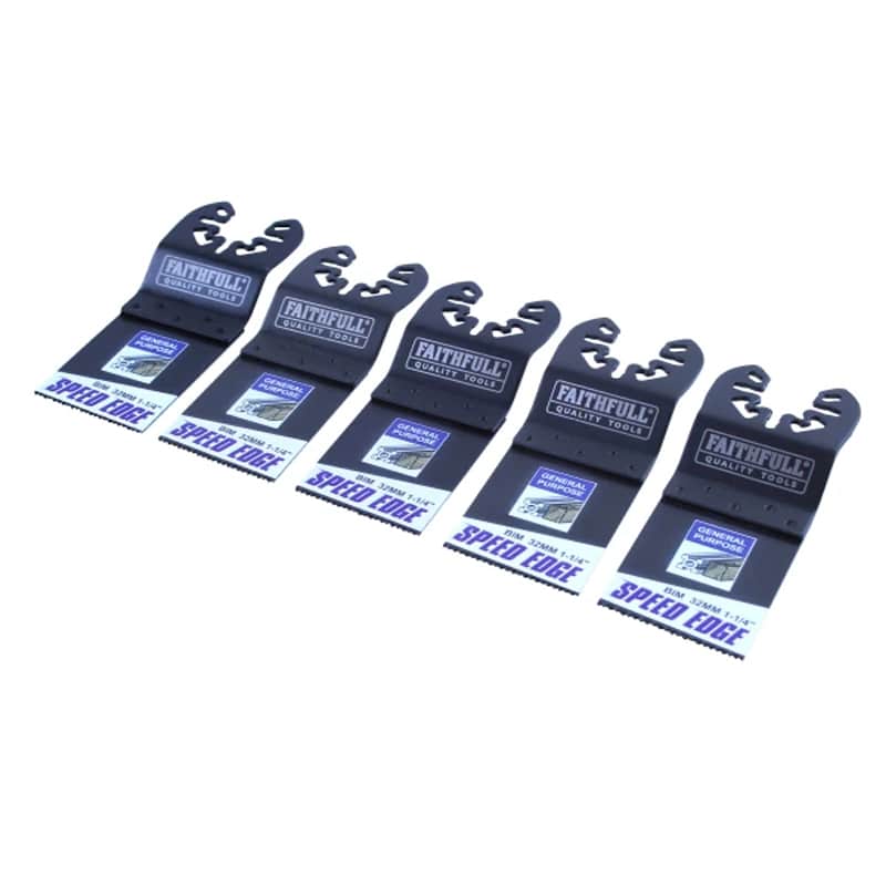 Five Faithfull Speed Edge saw blades are arranged in a row, angled slightly to the right, with black metal bodies.