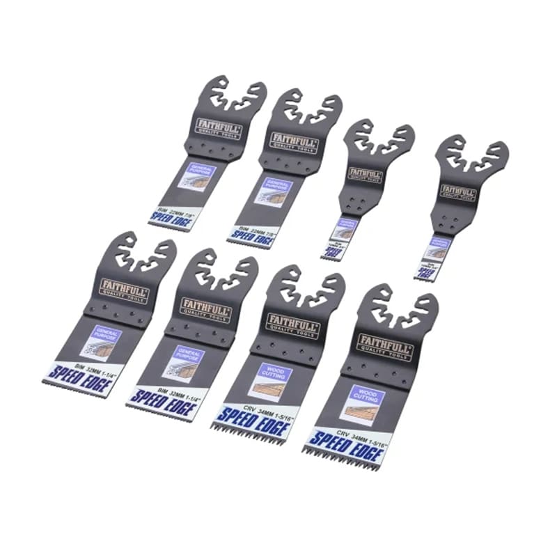 Eight black oscillating multi-tool saw blades are arranged in two rows on a white background.