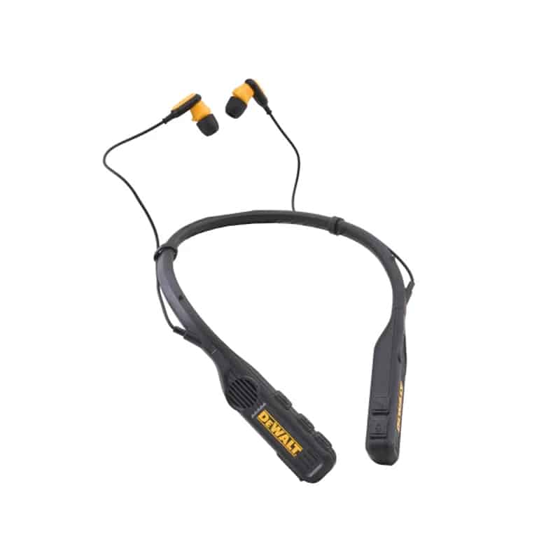 Black and yellow wireless neckband headphones with attached in-ear earphones and controls on the neckband.