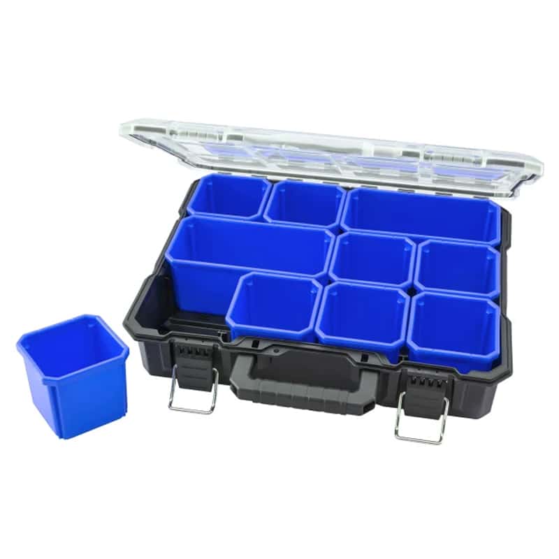A black and transparent plastic storage box with a handle, holding nine blue removable compartments, with one compartment positioned outside the box.