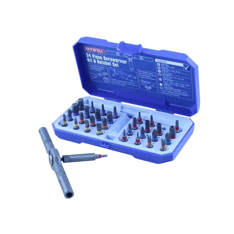 A blue plastic case containing a 24-piece screwdriver bit and ratchet set, with various bits arranged in rows and a T-handle ratchet tool placed outside the case.