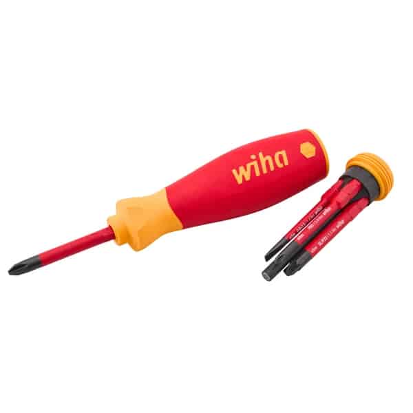 A red and yellow Wiha screwdriver with a detachable cap, revealing several interchangeable bits neatly stored inside its handle.