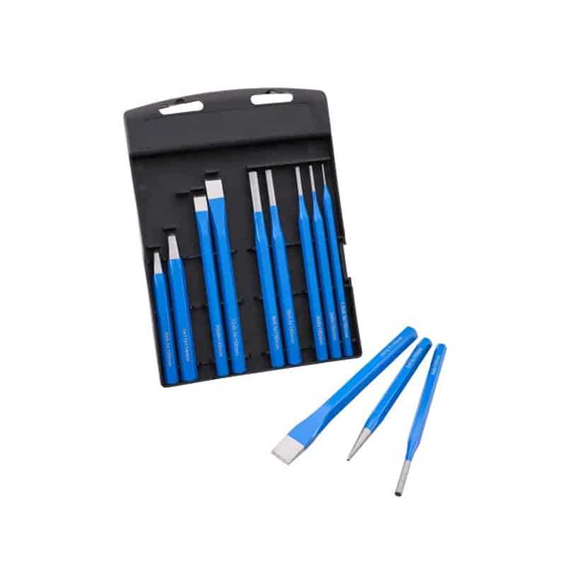 A set of blue-handled chisels and punches arranged in a black plastic holder, with four additional tools lying next to the holder, all against a white background.