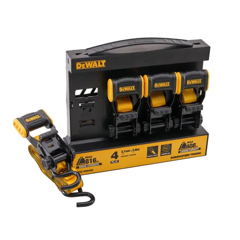 DeWalt ratchet tie-down straps set with four yellow and black straps mounted in a black storage rack, one strap unrolled showing a hook end.