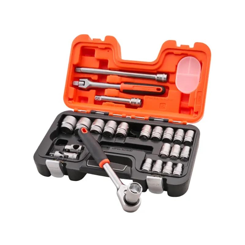 A socket spanner set in an open orange and black case, featuring a ratchet handle, assorted socket sizes, and extension bars, all neatly organised in moulded compartments.