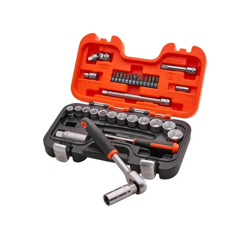 A socket spanner set featuring a variety of sockets and bits neatly organised in an open red and black plastic case, with one spanner positioned in front.