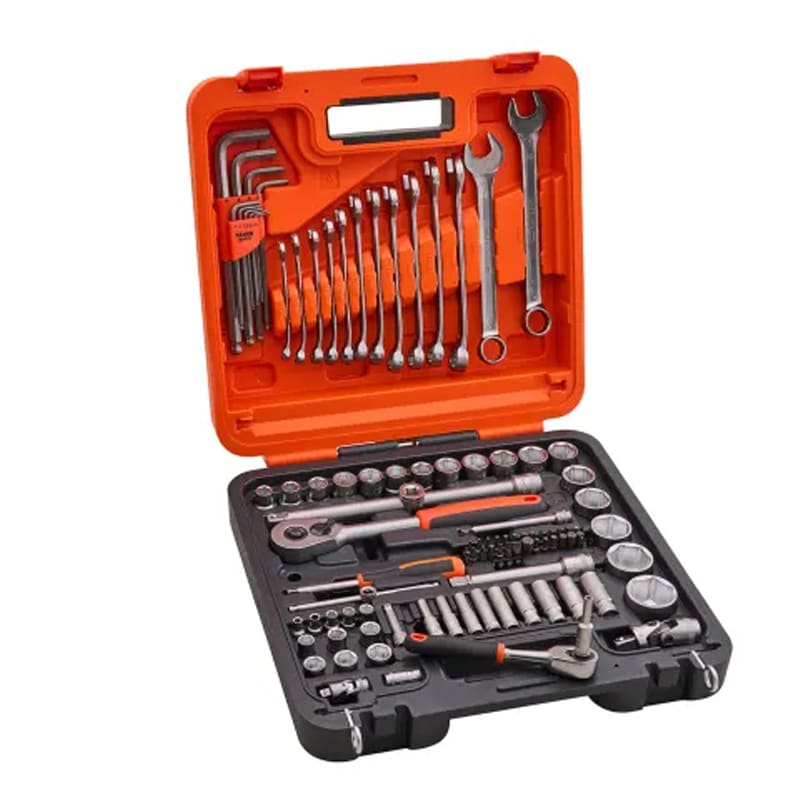 An open orange and black toolbox displays a neatly organised set of spanners, ratchets, sockets, hex keys, and various hand tools in moulded compartments.