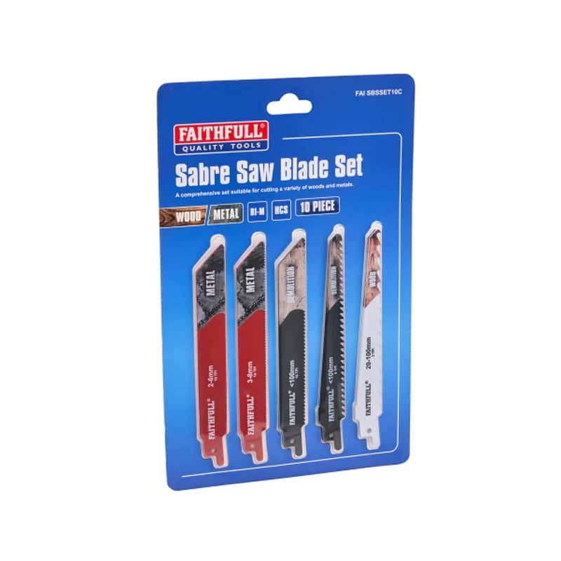 A blue Faithfull Sabre Saw Blade Set package containing five assorted saw blades for wood and metal cutting, displayed in a clear plastic casing.