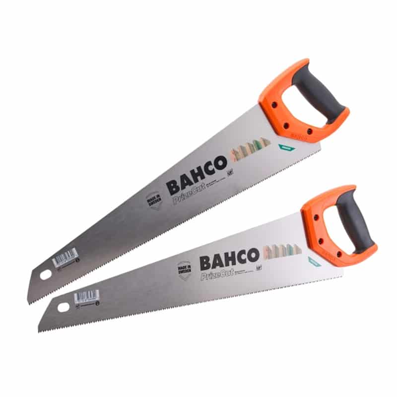 Two Bahco hand saws with orange and black handles, placed side by side. The silver blades are visible.