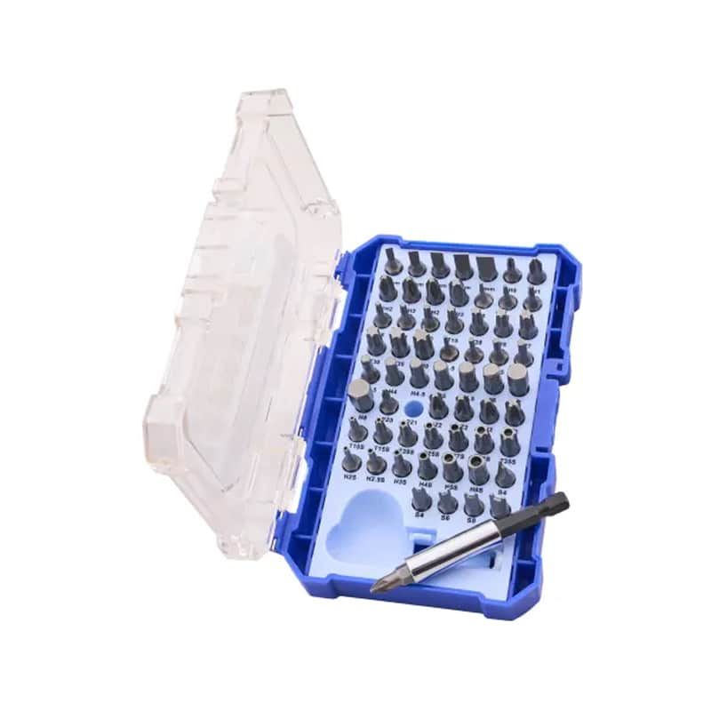 A blue plastic case with a clear lid, holding multiple screwdriver bits organised in rows, with a metal handle tool positioned next to the bits.