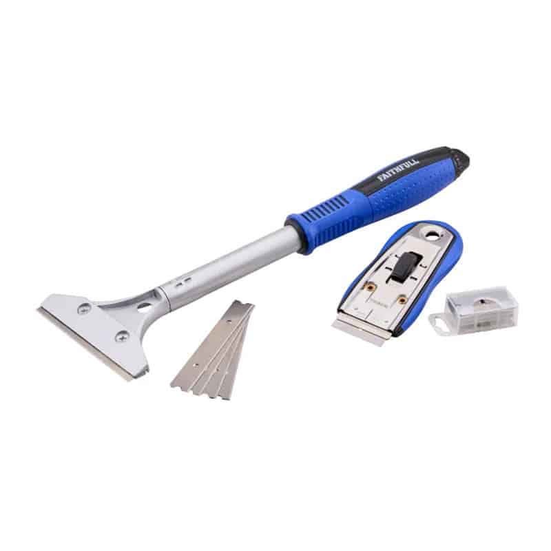 Set of window scrapers featuring blue and silver handles, accompanied by spare metal blades and a clear plastic blade holder, all neatly arranged on a white background.