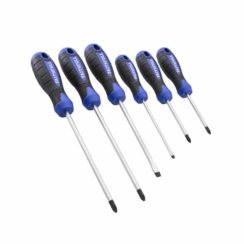 Six screwdrivers with blue and black handles arranged in a row, featuring both flat-head and Phillips head types, displayed in increasing size from right to left.