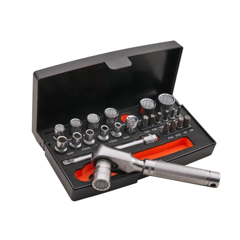 An open black case holding a socket and ratchet spanner set, including various socket sizes and bits, neatly arranged on an orange tray.