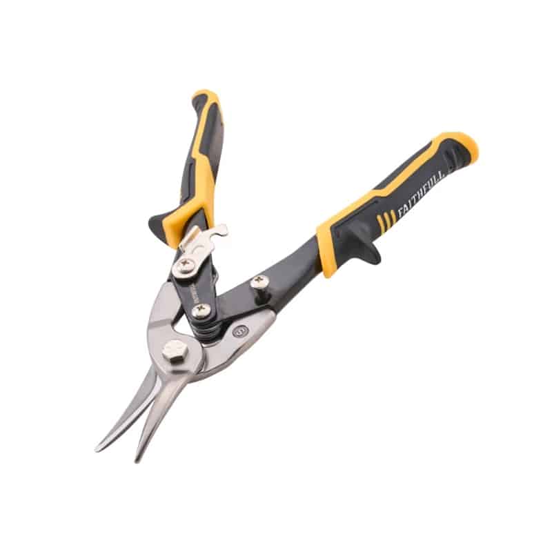 A pair of yellow and black curved aviation snips with a locking clasp, designed for cutting metal sheets.
