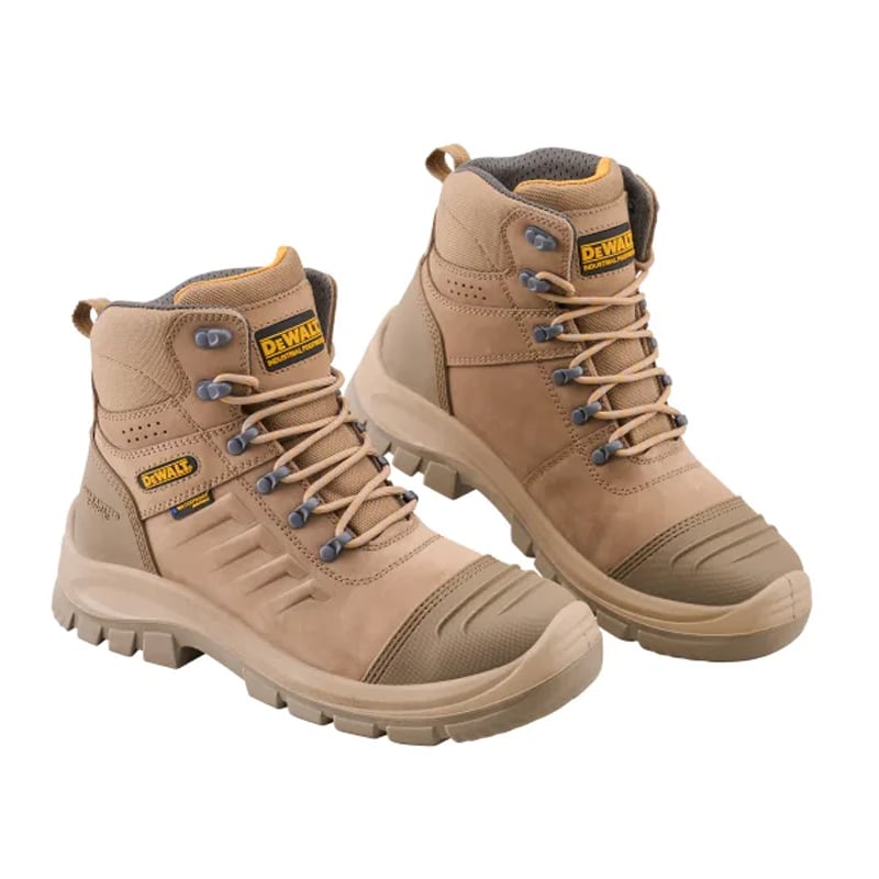 A pair of tan DeWalt work boots with grey laces, rugged soles, and padded ankles, displayed on a white background.