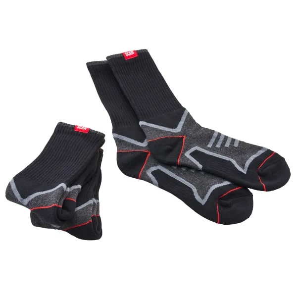 A pair and a stack of black crew socks with grey and red accents are shown on a white background.