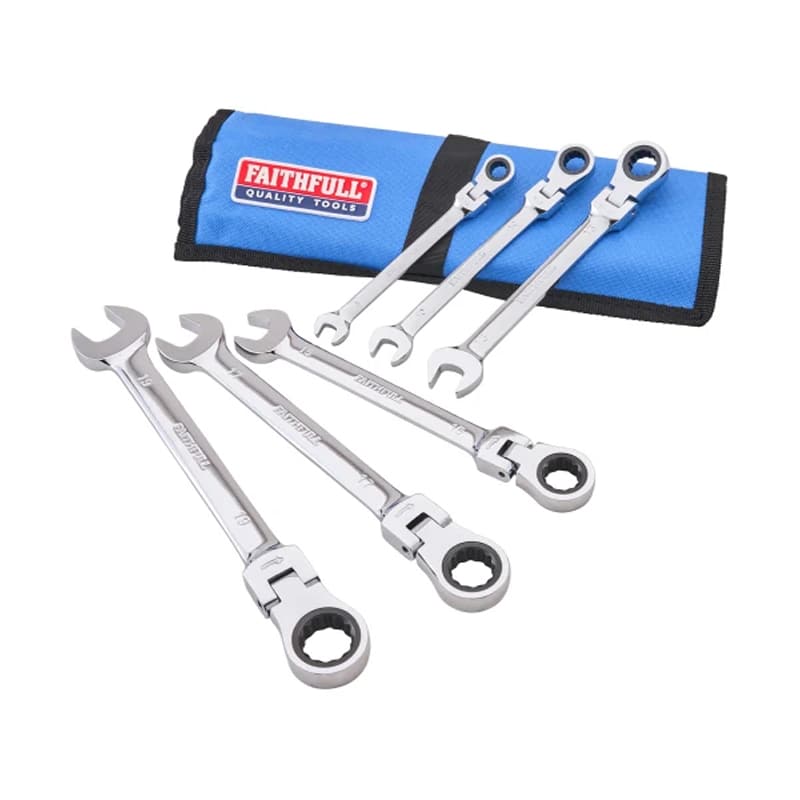 Five metal ratchet spanners are displayed in front of a blue and black tool roll pouch. The spanners are arranged neatly, showing both open and ring ends.