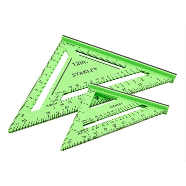 Two green triangular rulers of different sizes with measurement markings and numbers, overlapping on a white background.