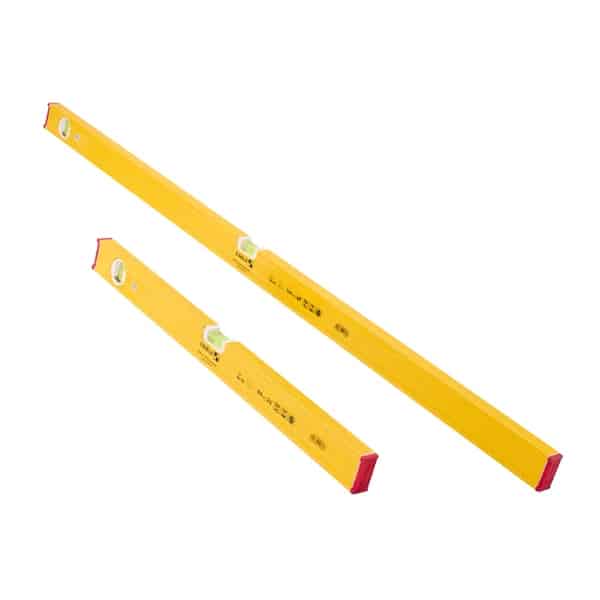 Two yellow spirit levels of different lengths with red end caps, featuring bubble vials for levelling. They are placed on a white background.