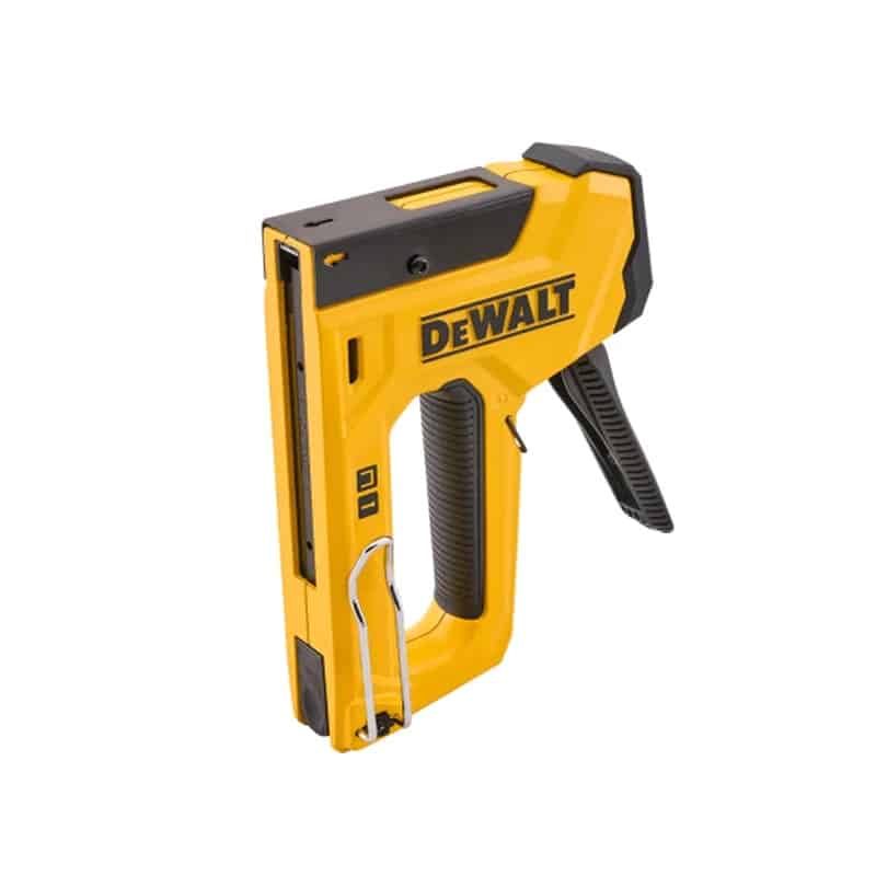 A yellow and black DEWALT staple gun stands upright on a white background, featuring a handle, trigger, and metal staple guide at the front.