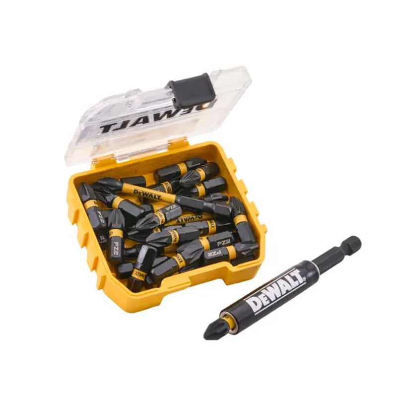 A yellow case with assorted screwdriver bits and one bit outside the case. The case has a clear lid with a black catch.