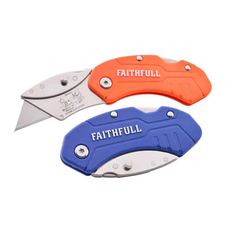 Two retractable utility knives, one orange and one blue. The blue knife is closed, whilst the orange knife is open, showing the blade.
