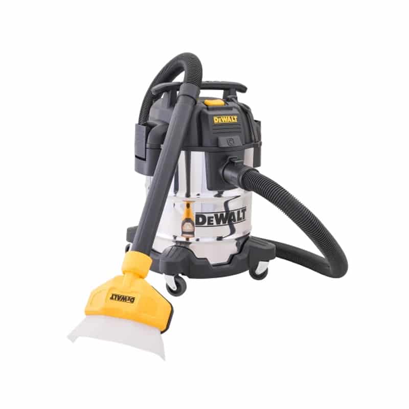 A DeWalt wet/dry vacuum cleaner with a stainless steel body, black hose, yellow accents, wheels, and a yellow carpet cleaning nozzle attachment.