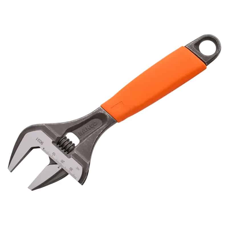 An adjustable spanner with a metal head and an orange, rubber-coated handle. The spanner has measurement markings near the jaws and a hole at the end of the handle for hanging.