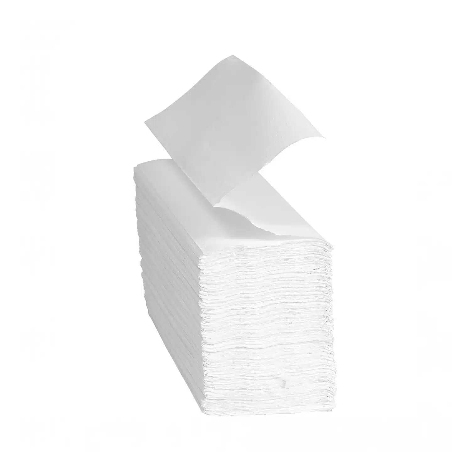 A stack of white Z fold hand towels (20 sleeves), each measuring 240 x 235mm, with one towel partially lifted above the pile, isolated on a white background.
