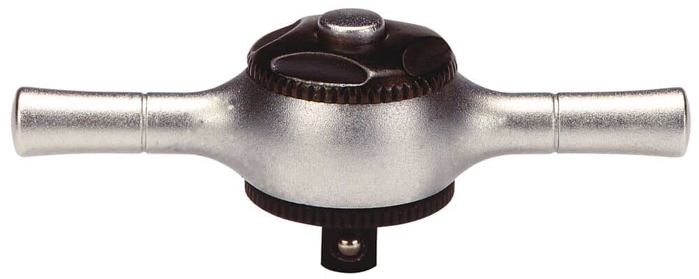 A T-handle ratcheting tap wrench with a silver body and black adjustment dial.