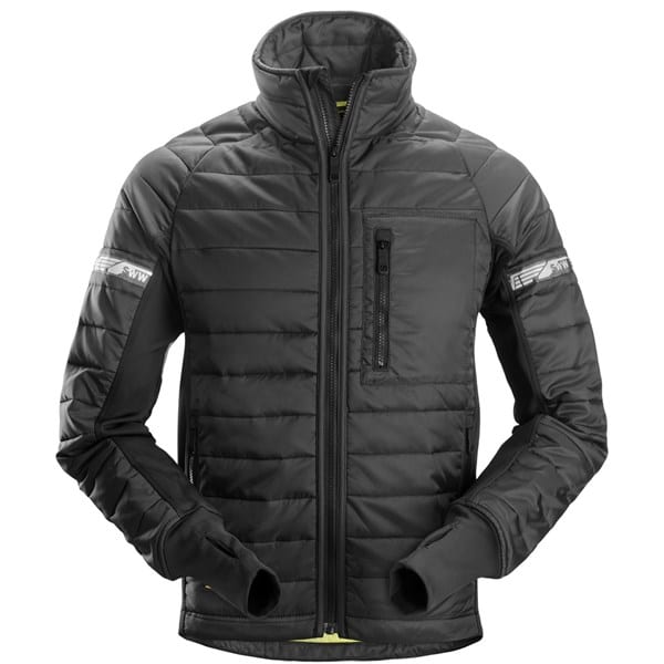 Black quilted Snickers 8101 AllroundWork, 37.5® Insulator Jacket with a high collar, zipped chest pocket, and thumbhole cuffs.
