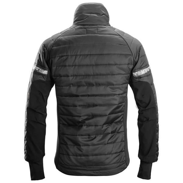 Back view of a Snickers 8101 AllroundWork, 37.5® Insulator Jacket, featuring a black quilted design with solid black side panels, a high collar, and reflective bands on the sleeves.