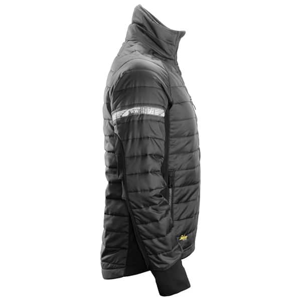 Side view of a black Snickers 8101 AllroundWork, 37.5® Insulator Jacket with a high collar and reflective strip detail on the sleeve.
