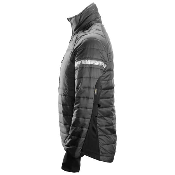 Side profile of a black Snickers 8101 AllroundWork, 37.5® Insulator Jacket featuring a high collar and a reflective band on the sleeve.