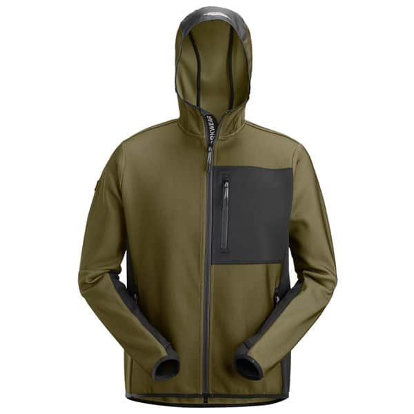 Snickers 8044 Khaki FlexiWork, Full Zip Midlayer Hoodie in olive green with a full-zip fastening and black contrast panels on the chest, hood, and sleeves.