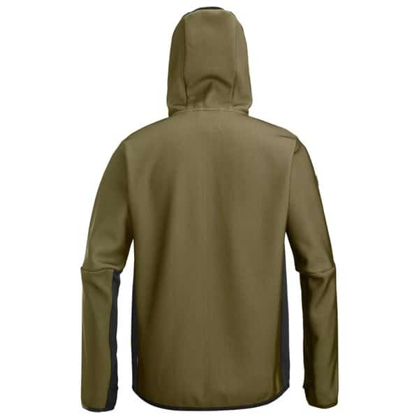 Back view of a Snickers 8044 Khaki FlexiWork, Full Zip Midlayer Hoody in olive green with black side panels.