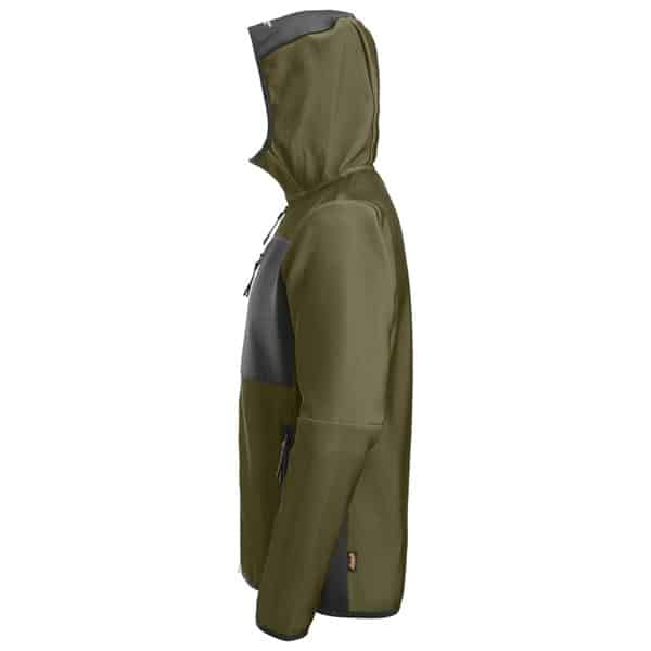 Side profile of a Snickers 8044 Khaki FlexiWork, Full Zip Midlayer Hoodie in olive green, featuring a dark grey hood lining and a matching dark grey zipped chest pocket.