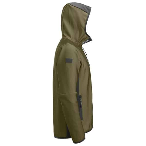 Profile view of an olive green Snickers 8044 Khaki FlexiWork, Full Zip Midlayer Hoodie featuring a hood, dark trim, and side zippered pockets.