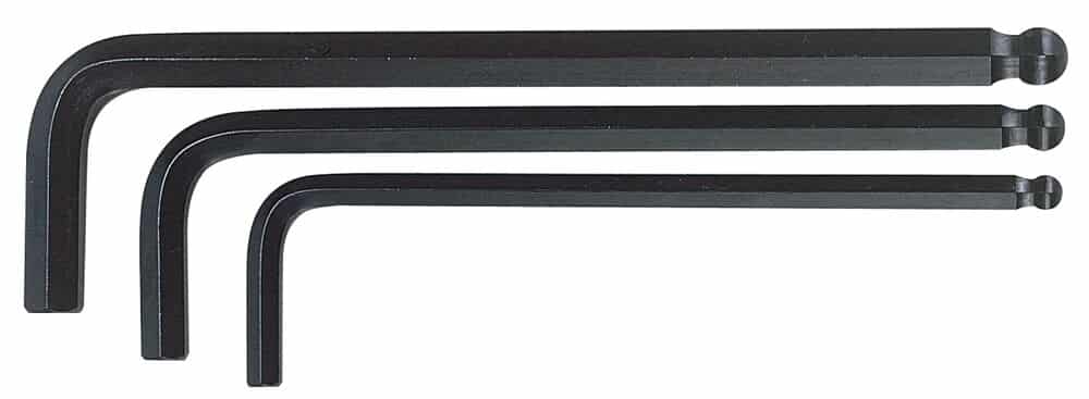 Three black L-shaped hex keys with ball ends.