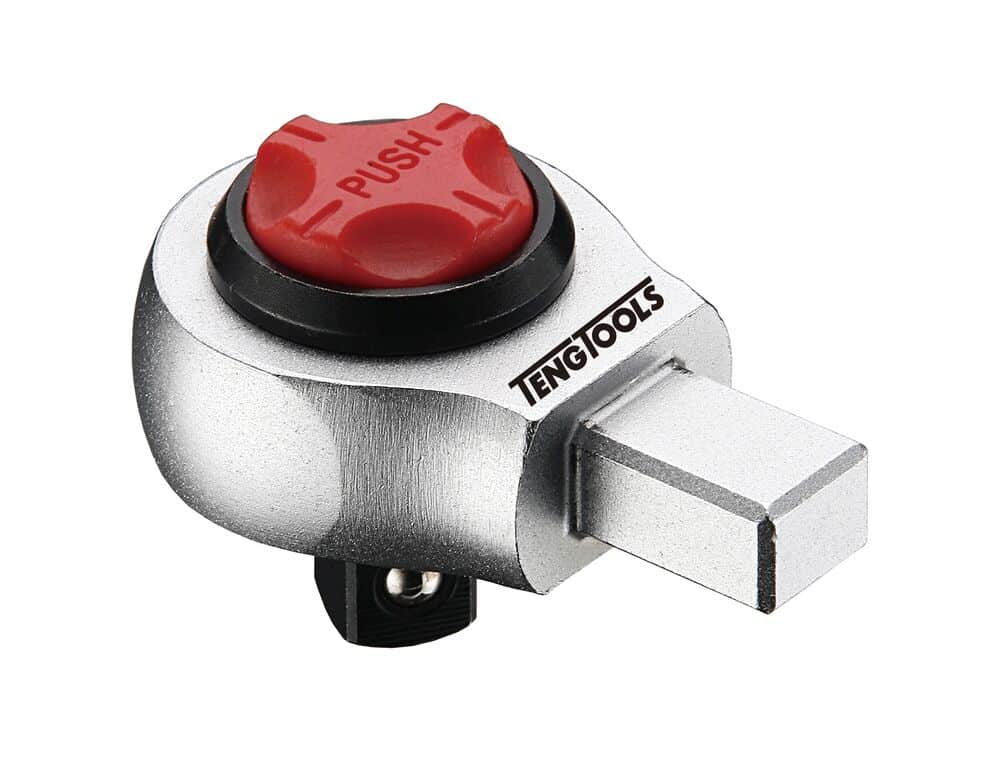 Teng Tools ratchet head with a red release button and a square drive.