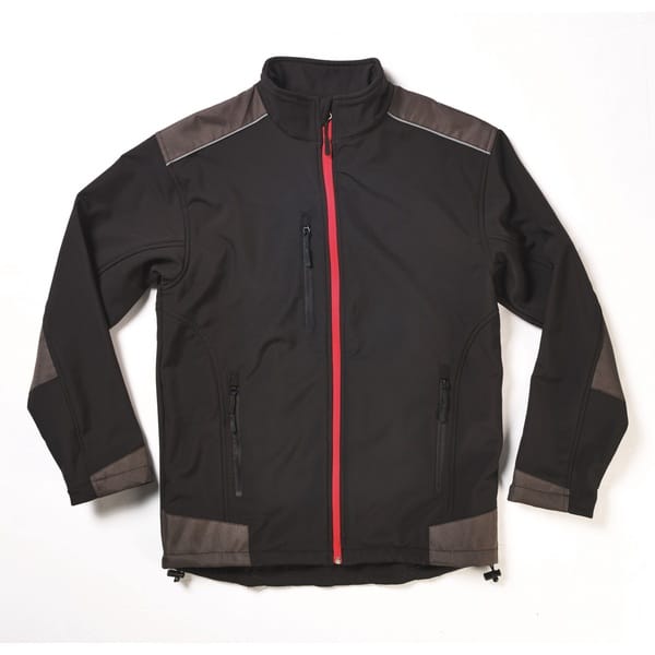 Tuf Revolution Performance Softshell Jacket in black with charcoal grey shoulder and sleeve panels, a bright red front zip, and three zipped pockets.