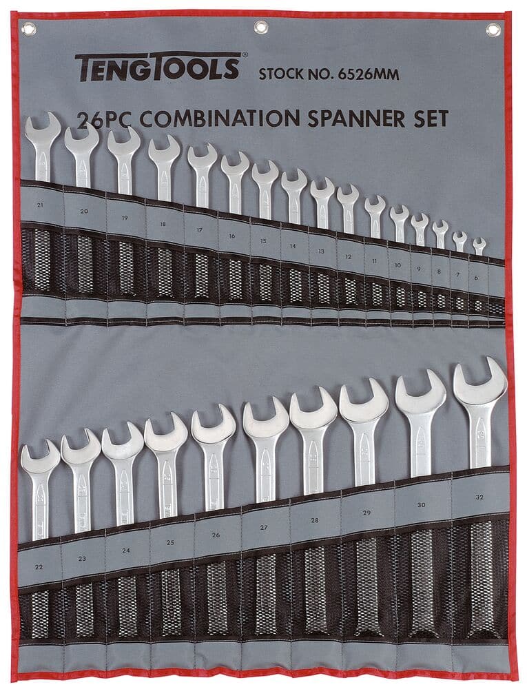 26 combination spanners in sizes 6mm to 32mm, arranged in two rows inside a grey hanging storage roll.