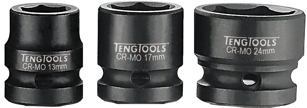 Three black impact sockets in 13mm, 17mm, and 24mm sizes.