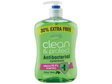 Bottle of green antibacterial handwash with a pump dispenser.