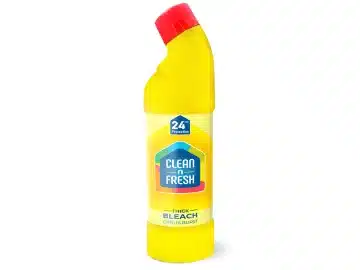 Yellow bottle of thick bleach with a red lid.