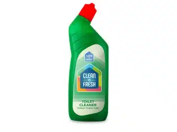 Green bottle of Clean n Fresh forest pine toilet cleaner with a red angled nozzle.