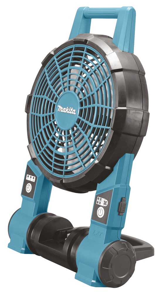 Makita cordless site fan with a circular head, integrated handle, and base-mounted control buttons.
