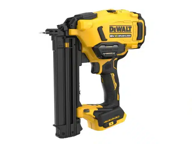 Yellow and black DeWalt DCN210SN Second Fix Cordless Nail Gun 18V Bare Unit with an 18V battery fitting.