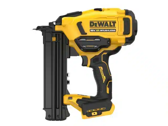 DeWalt DCN210SN Second Fix Cordless Nail Gun 18V Bare Unit with a yellow casing and a vertical black magazine for nails.