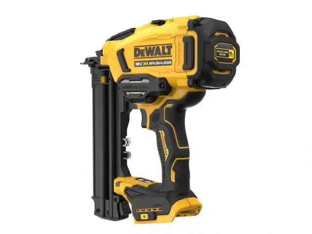 Yellow and black DeWalt DCN210SN Second Fix Cordless Nail Gun 18V Bare Unit with a battery base.